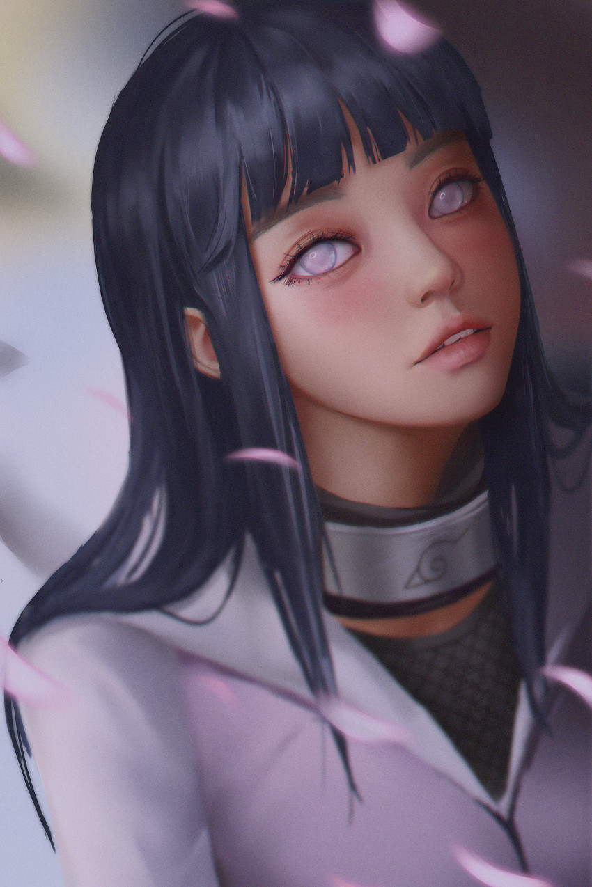 1girl, absurdres, black_hair, blunt_bangs, blurry, blurry_foreground, byakugan, cherry_blossoms, digele, forehead_protector, highres, hime_cut, hyuuga_hinata, jacket, konohagakure_symbol, long_hair, naruto_(series), naruto_shippuuden, parted_lips, portrait, purple_eyes, purple_jacket, solo, straight_hair, teeth, upper_teeth_only