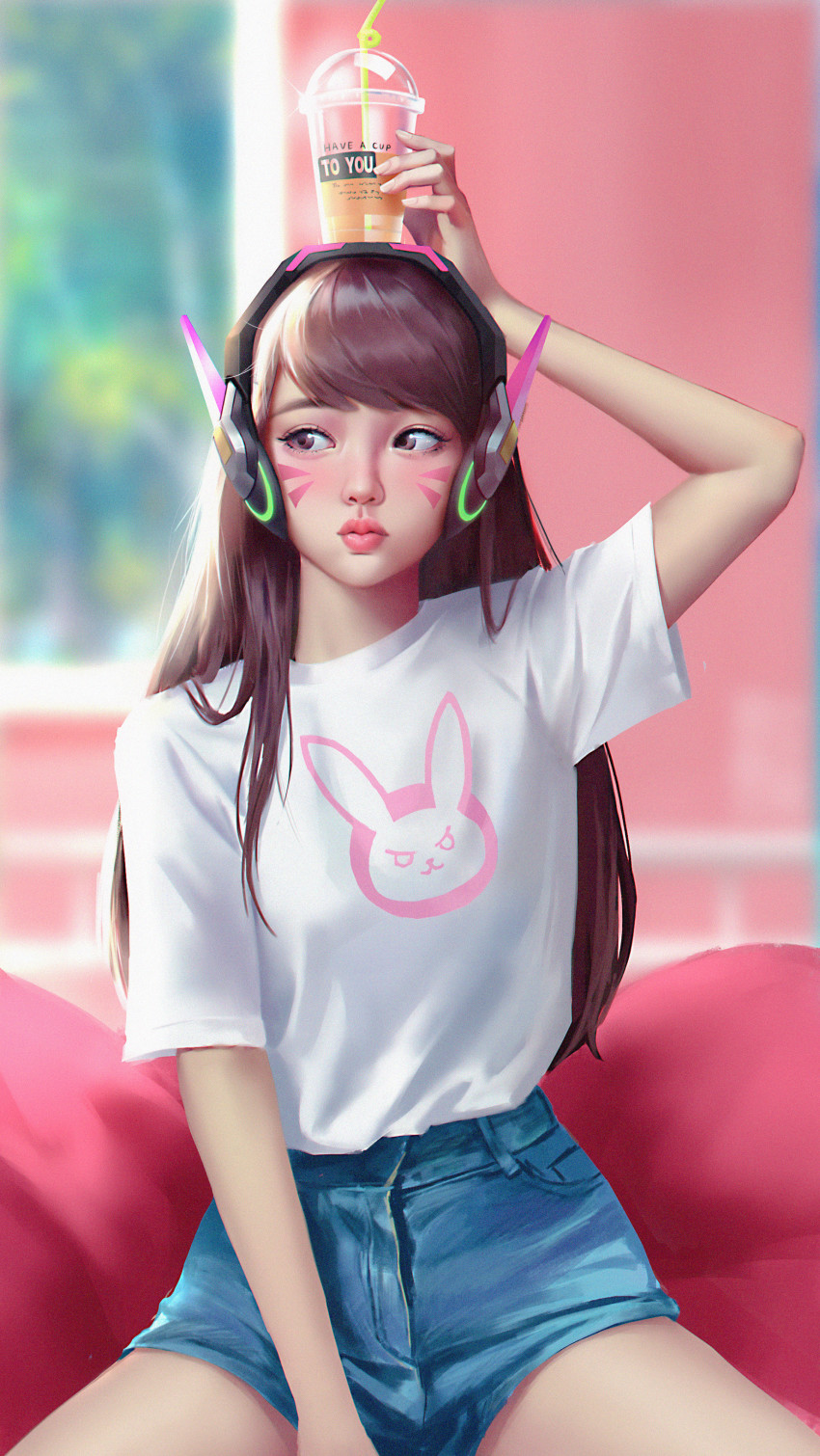 1girl, :i, absurdres, alternate_costume, bean_bag_chair, blurry, blurry_background, brown_eyes, brown_hair, cowboy_shot, cup, cup_on_head, d.va_(overwatch), digele, disposable_cup, facepaint, facial_mark, frappuccino, headphones, highres, long_hair, overwatch, overwatch_1, shirt, shirt_tucked_in, short_sleeves, shorts, solo, t-shirt, whisker_markings