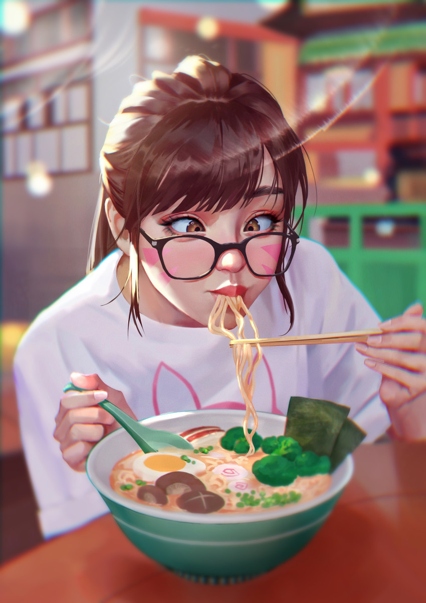 1girl, absurdres, alternate_costume, blurry, blurry_background, bowl, brown_eyes, brown_hair, chopsticks, cross-eyed, d.va_(overwatch), digele, eating, egg, eyewear_on_head, facial_mark, food, glasses, highres, holding, holding_chopsticks, holding_spoon, long_hair, looking_at_food, noodles, nori_(seaweed), overwatch, overwatch_1, ramen, shirt, slurping, solo, spoon, t-shirt, whisker_markings