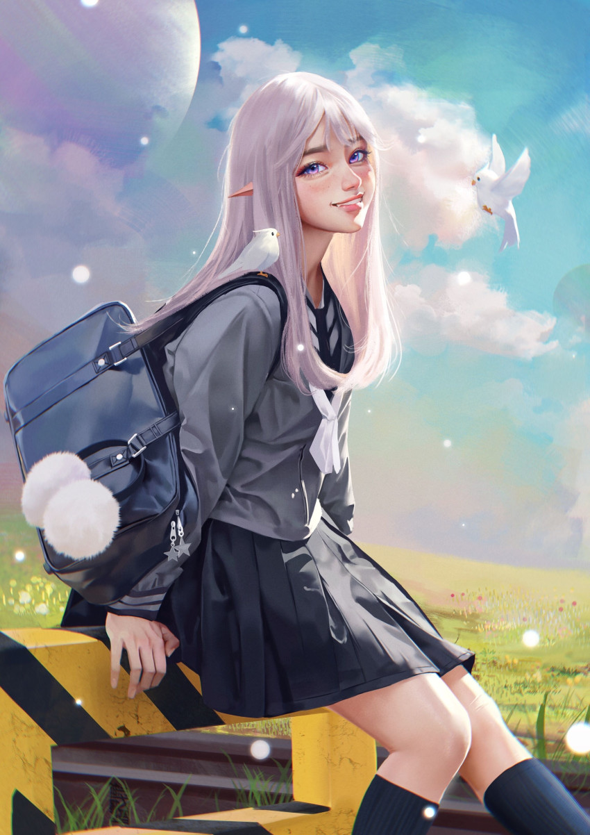 1girl, absurdres, bag, bird, cloud, cloudy_sky, commentary, day