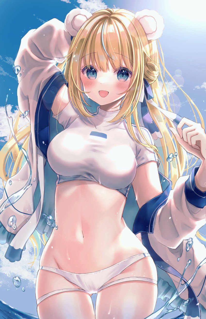 1girl, absurdres, amanose_kouri, animal_ears, arms_up, bear_ears, bikini, blonde_hair