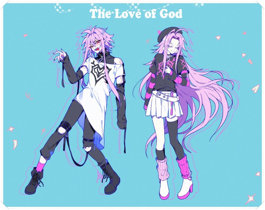 2boys, antenna_hair, asymmetrical_legwear, belt, black_belt, black_boots, black_choker, black_headwear