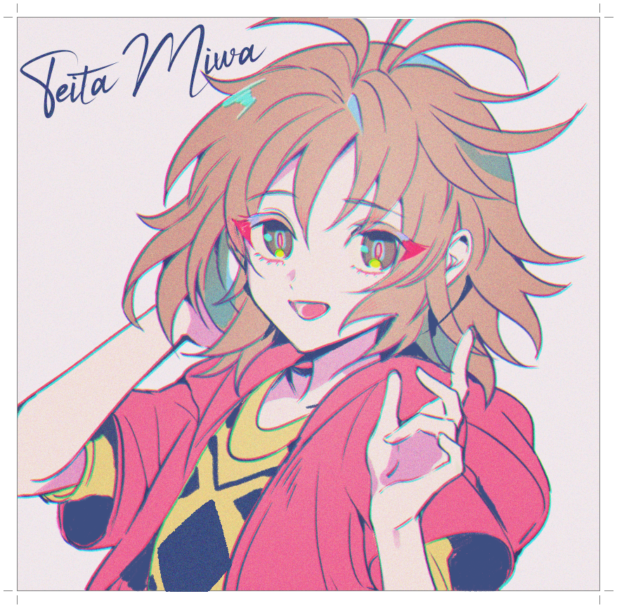 1boy, :d, antenna_hair, arm_behind_head, brown_eyes, character_name, chromatic_aberration, colored_eyelashes