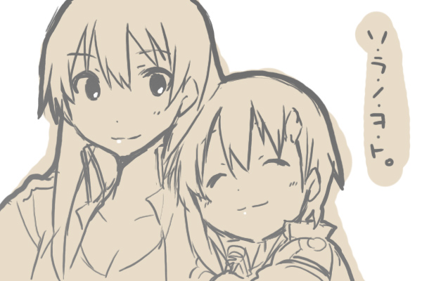 2girls, breasts, cleavage, closed_eyes, greyscale, kazumiya_rio, monochrome, multiple_girls