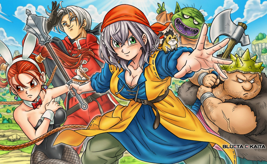 2girls, 3boys, angry, animal_ears, axe, bandana, black_gloves, black_leotard