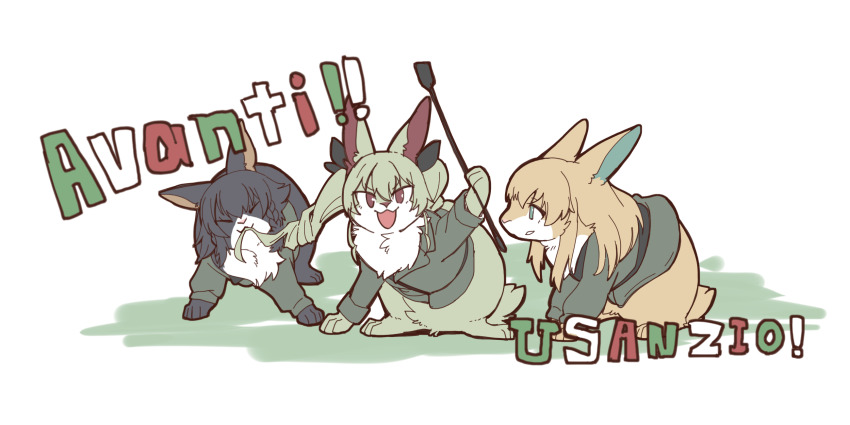 anchovy_(girls_und_panzer), animalization, anzio_military_uniform, black_hair, black_ribbon, blonde_hair, braid, carpaccio_(girls_und_panzer)