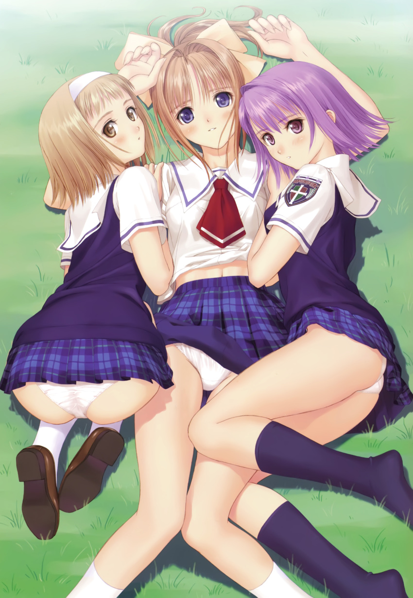 00s, 3girls, absurdres, after_(game), ass, black_legwear, blue_eyes, blush, bow, brown_eyes, brown_hair, grass, hair_bow, hairband, highres, kishi_youko, legs, long_legs, looking_at_viewer, lying, multiple_girls, on_back, panties, pantyshot, parted_lips, plaid_clothes, plaid_skirt, pleated_skirt, purple_eyes, purple_hair, scan, school_uniform, shiomiya_kanami, short_hair, skirt, socks, takawashi_nagisa, tony_taka, underwear, white_legwear, white_panties, yuri