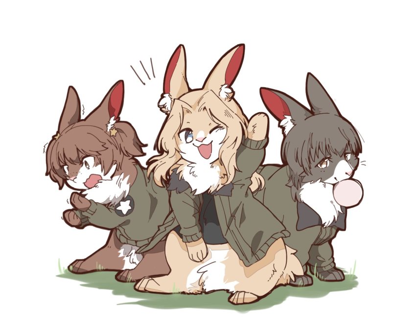 alisa_(girls_und_panzer), animalization, black_shirt, blonde_hair, blue_eyes, brown_eyes, brown_hair, brown_jacket