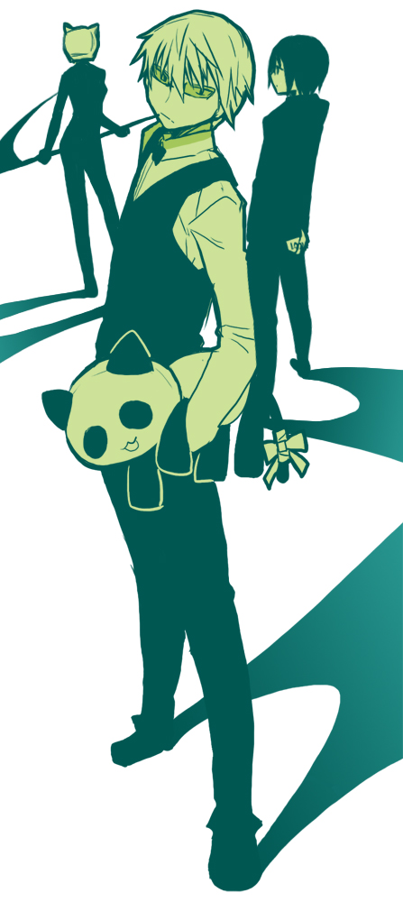 1girl, 2boys, celty_sturluson, child, crossover, durarara!!, green_theme, hanamaru_youchien