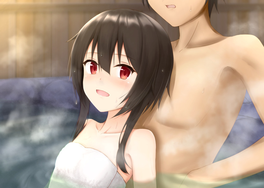 1boy, 1girl, :d, bath, blush, breasts, brown_hair, collarbone, commentary, fence, front_to_back, head_out_of_frame, hetero, highres, kono_subarashii_sekai_ni_shukufuku_wo!, kuronuketaiyo, light_blush, looking_back, megumin, mixed-sex_bathing, naked_towel, onsen, open_mouth, parted_lips, partially_immersed, satou_kazuma, shared_bathing, short_hair, short_hair_with_long_locks, small_breasts, smile, steam, stone, sweat, sweatdrop, towel, upper_body, wet, wet_hair, wooden_fence