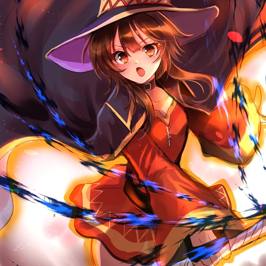1girl, :o, any813, belt, black_belt, black_cape, black_choker, blush, brown_eyes, brown_hair, cape, choker, collarbone, commentary, dress, explosion, fingerless_gloves, gloves, hair_between_eyes, hat, highres, holding, holding_staff, kono_subarashii_sekai_ni_shukufuku_wo!, light_trail, looking_at_viewer, megumin, motion_blur, open_mouth, purple_hat, red_dress, short_hair, short_hair_with_long_locks, shouting, solo, staff, v-shaped_eyebrows, witch_hat