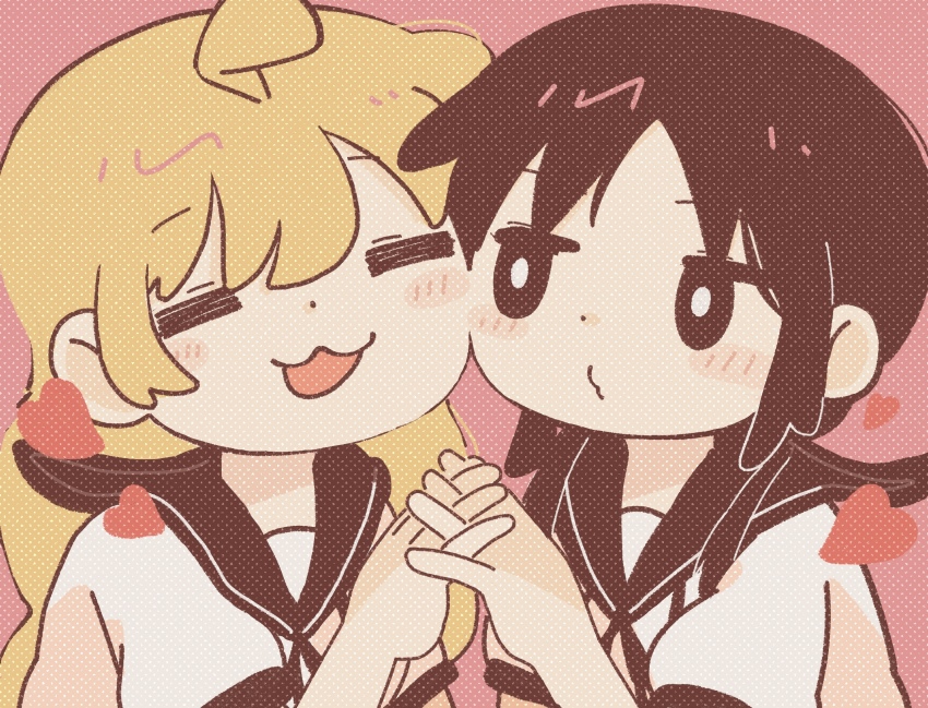2girls, :3, =_=, black_hair, blonde_hair, blush, cheek-to-cheek, chito_(shoujo_shuumatsu_ryokou), closed_eyes, heads_together, heart, highres, hishimatope, holding_hands, interlocked_fingers, long_hair, low_twintails, multiple_girls, open_mouth, pink_background, shoujo_shuumatsu_ryokou, smile, twintails, yuri, yuuri_(shoujo_shuumatsu_ryokou)