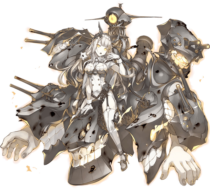 1girl, abyssal_ship, anchor, artist_request, black_thighhighs, breasts, buttons, chain, colored_skin, crack, damaged, garter_straps, gloves, grey_thighhighs, hair_ornament, headdress, kantai_collection, leotard, long_hair, low_twintails, medium_breasts, modernized_battleship_princess, official_art, pale_skin, parted_lips, ship_turret, solo, teeth, thighhighs, transparent_background, twintails, white_gloves, white_leotard, white_skin, yellow_eyes