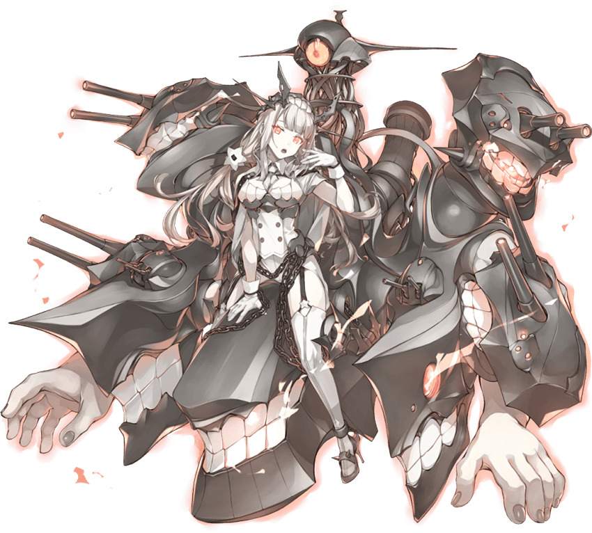 1girl, abyssal_ship, anchor, artist_request, black_thighhighs, breasts, buttons, chain, colored_skin, garter_straps, gloves, grey_thighhighs, hair_ornament, headdress, kantai_collection, leotard, long_hair, low_twintails, medium_breasts, modernized_battleship_princess, official_art, pale_skin, parted_lips, red_eyes, ship_turret, solo, teeth, thighhighs, transparent_background, twintails, white_gloves, white_leotard, white_skin
