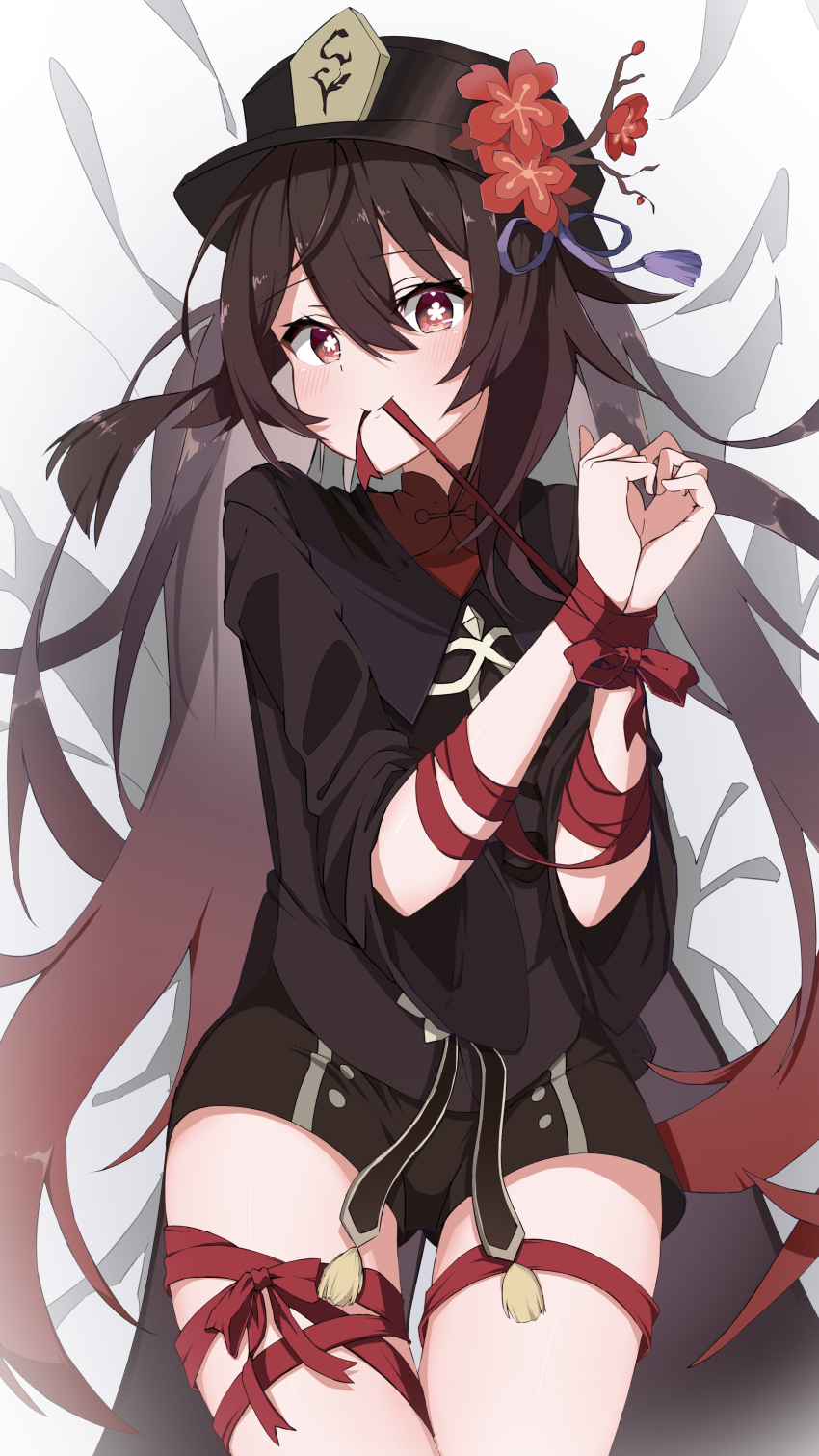 absurdres, blush, bound, bound_wrists, brown_hair, chinese_clothes, cowboy_shot, flower, genshin_impact, hair_between_eyes, hat, hat_flower, highres, hu_tao_(genshin_impact), long_sleeves, lying, on_back, oninome_tsuki, red_eyes, red_ribbon, restrained, ribbon, short_shorts, shorts, smile, symbol-shaped_pupils, tied_up_(nonsexual), top_hat