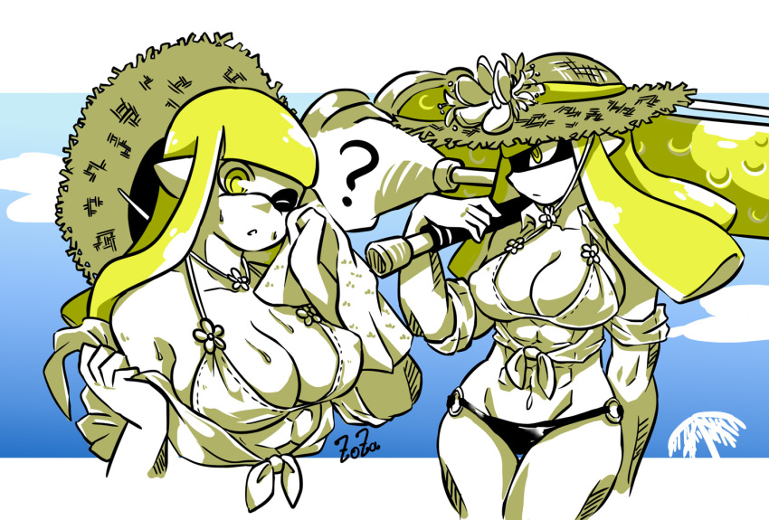 1girl, ;o, ?, abs, artist_name, bikini, blonde_hair, blunt_bangs, blunt_ends, breasts, cleavage, closed_mouth, clothes_pull, commentary, cropped_torso, dynamo_roller_(splatoon), flower, frightening_(zoza), front-tie_top, frown, halterneck, hat, hat_on_back, hat_flower, holding, holding_towel, holding_weapon, large_breasts, long_hair, looking_to_the_side, mismatched_bikini, multiple_views, muscular, muscular_female, nintendo, o-ring, o-ring_bikini, one_eye_closed, open_mouth, original, partially_colored, pointy_ears, pulling_own_clothes, ringed_eyes, shirt_pull, short_sleeves, signature, splatoon_(series), straw_hat, sun_hat, swimsuit, untranslatable_commentary, tentacle_hair, thigh_gap, towel, weapon, wiping_sweat, yellow_eyes, zoza