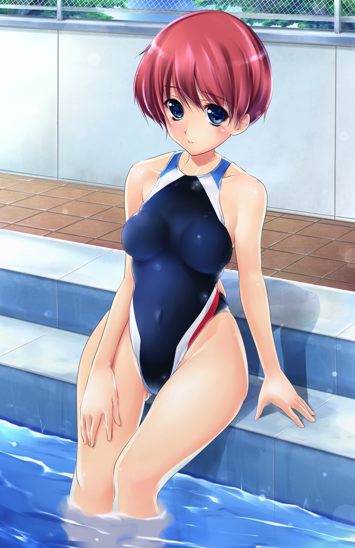 1girl, aoki_konya, arm_support, blue_eyes, chain-link_fence, competition_swimsuit, curvy, female_focus, fence, hand_on_thigh, highleg, highleg_one-piece_swimsuit, hip_focus, one-piece_swimsuit, original, outdoors, pool, poolside, red_hair, short_hair, sitting, soaking_feet, solo, swimsuit, thigh_gap, thighs, water, wide_hips