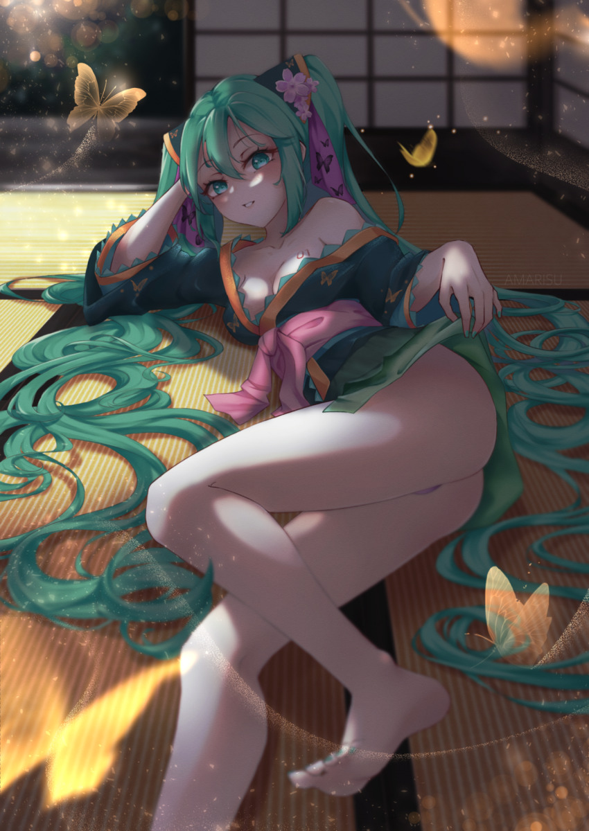 1girl, amarisuu, aqua_eyes, aqua_hair, artist_name, barefoot, blue_kimono, blue_nails, blurry, blurry_background, blurry_foreground, breasts, bug, butterfly, clothes_lift, commentary, flower, foot_out_of_frame, glowing_butterfly, green_kimono, hair_between_eyes, hand_on_own_head, hatsune_miku, hatsune_miku_(chou), highres, indoors, insect, japanese_clothes, kimono, kimono_lift, legs, lifting_own_clothes, long_hair, looking_at_viewer, lying, nail_polish, number_tattoo, obi, off_shoulder, on_floor, on_side, panties, pink_flower, pink_panties, pink_sash, room, sash, shouji, sliding_doors, small_breasts, smile, solo, sunlight, tatami, tattoo, teeth, thighs, two-tone_kimono, underwear, very_long_hair, vocaloid, yellow_butterfly