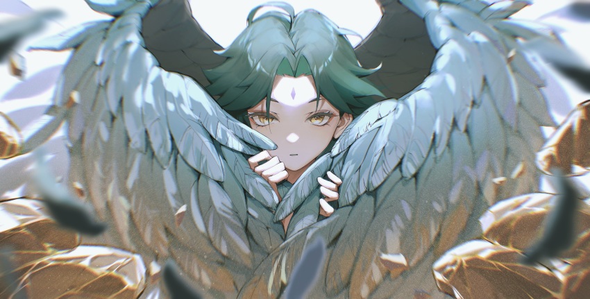 1boy, 57friend, absurdres, eyelashes, eyeshadow, facial_mark, feathered_wings, feathers, forehead_mark, genshin_impact, green_hair, highres, looking_at_viewer, makeup, male_focus, parted_lips, red_eyeshadow, rock, simple_background, solo, upper_body, white_background, wings, xiao_(genshin_impact), yellow_eyes