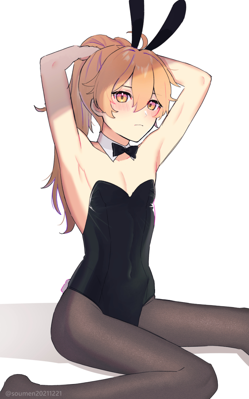 1boy, aether_(genshin_impact), ahoge, animal_ears, armpits, ass, bare_arms, bare_shoulders, black_pantyhose, blonde_hair, blush, closed_eyes, genshin_impact, highres, male_focus, male_playboy_bunny, pantyhose, playboy_bunny, ponytail, rabbit_ears, sg_(under_siiiiii), solo, trap, twitter_username, white_background, yellow_eyes