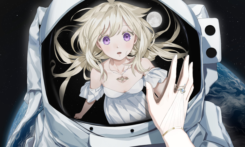 1girl, 1other, ambiguous_gender, bare_shoulders, breasts, collarbone, dress, enna_alouette