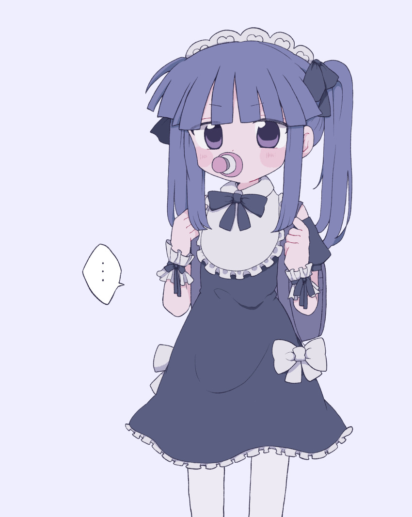 ..., absurdres, bag, bib, blue_hair, blush, bow, bowtie, dress, dummy, frills, furude_rika, headpiece, heart, highres, higurashi_no_naku_koro_ni, long_hair, purple_eyes, ribbon, school_bag, simple_background, twintails, wotoha, wrist_cuffs
