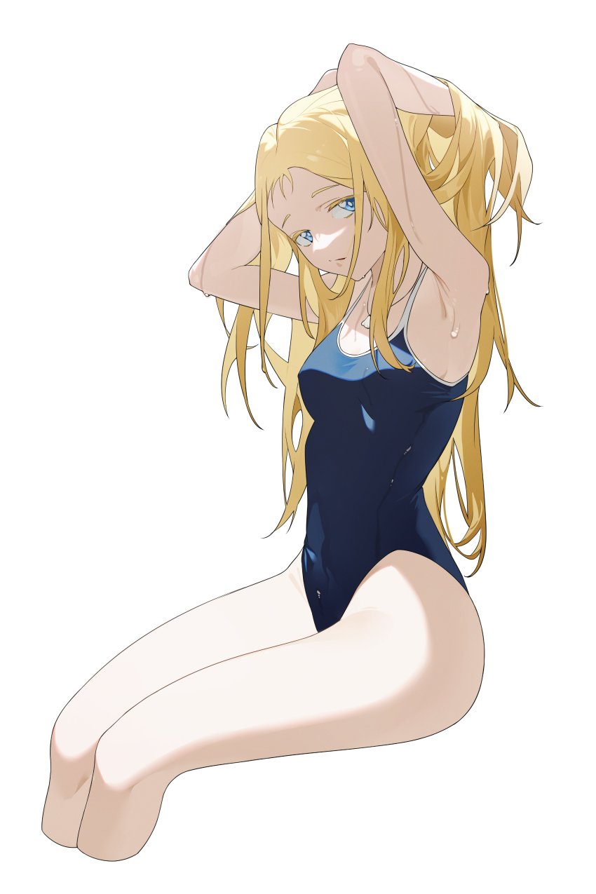 1girl, absurdres, blonde_hair, blue_eyes, blue_one-piece_swimsuit, breasts, competition_school_swimsuit, cropped_legs, highres, invisible_chair, kofune_ushio, linnnp, long_hair, one-piece_swimsuit, school_swimsuit, simple_background, sitting, small_breasts, solo, summertime_render, swimsuit, very_long_hair, white_background