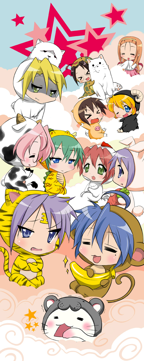>_<, 00s, 6+girls, =_=, ahoge, alpaca, animal_costume, bird