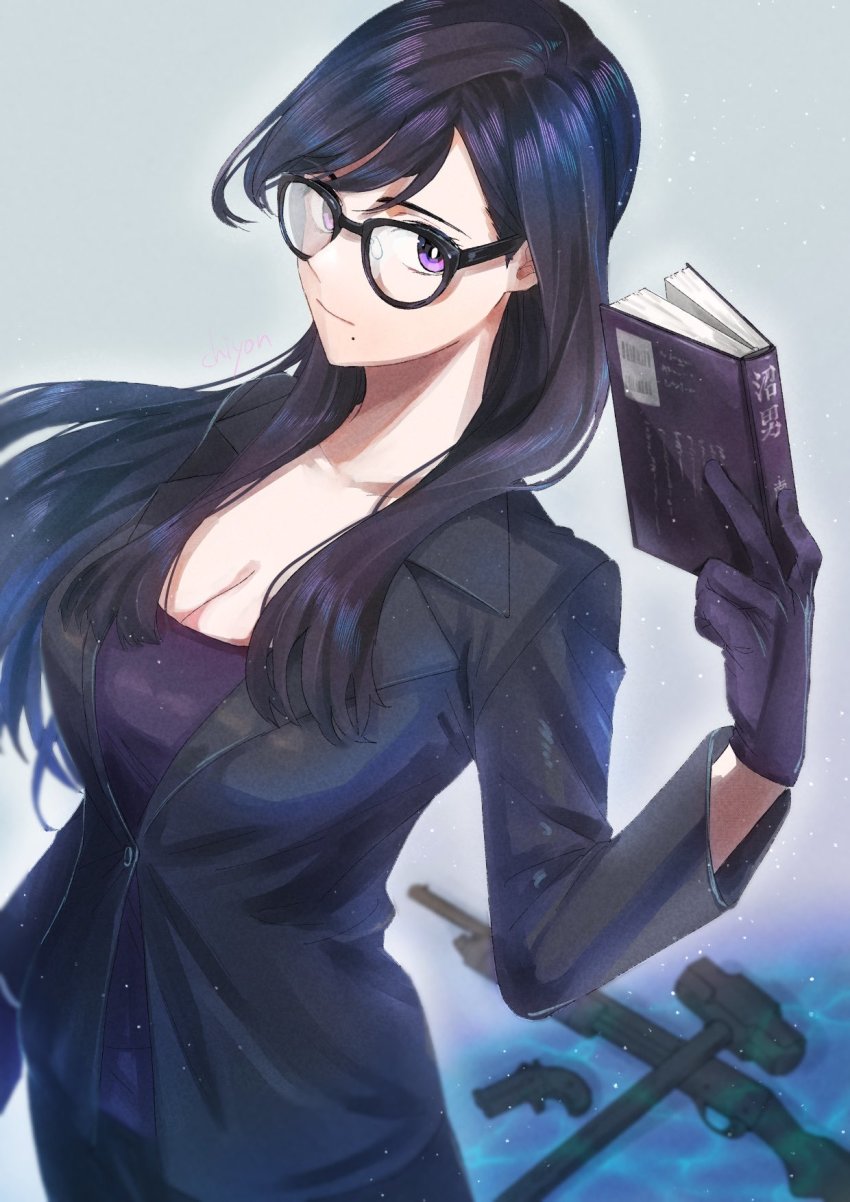1girl, black-framed_eyewear, black_gloves, black_hair, black_jacket, book, breasts, caustics, chon_chiyon, cleavage, closed_mouth, glasses, gloves, gun, hammer, highres, holding, holding_book, jacket, long_hair, long_sleeves, minakata_hizuru, mole, mole_under_mouth, purple_eyes, purple_shirt, shirt, sledgehammer, solo, standing, summertime_render, weapon