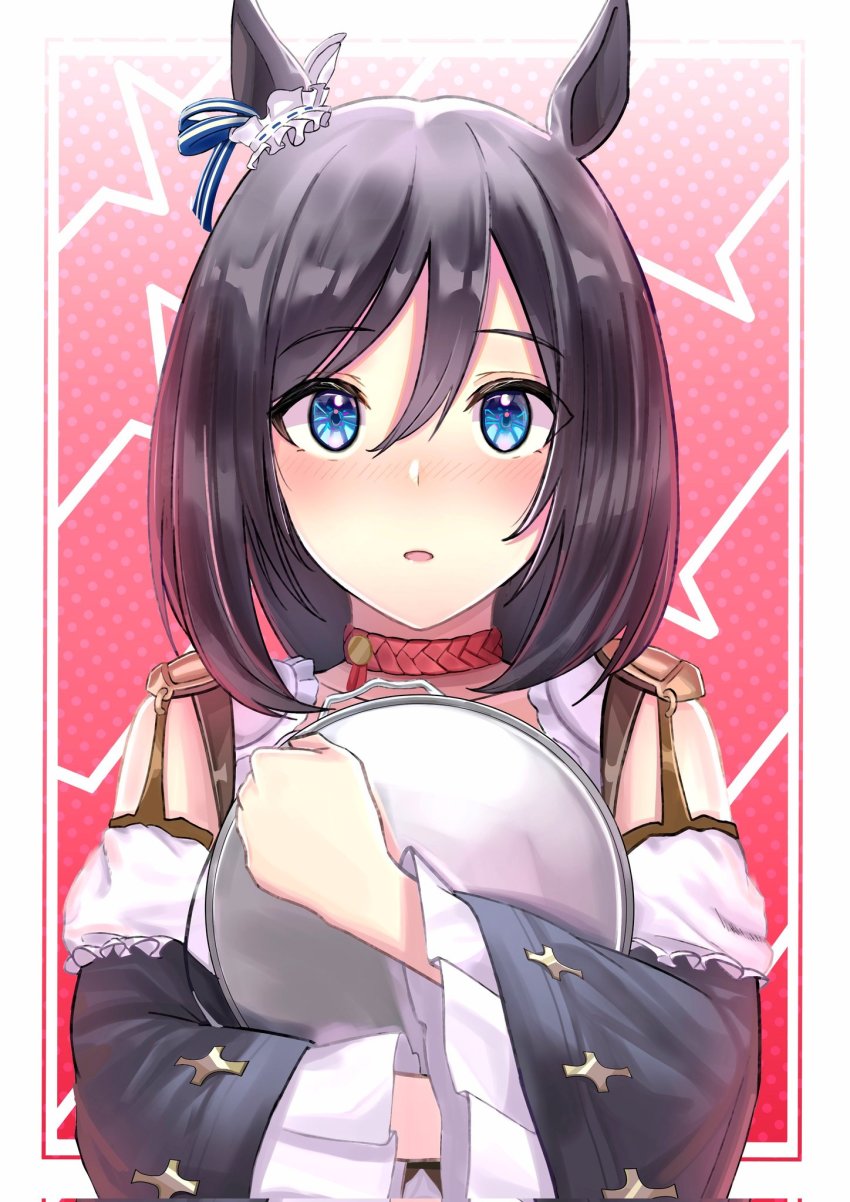 1girl, abish, animal_ears, black_hair, blue_eyes, blue_hair, blush, choker