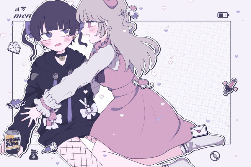 2girls, annoyed, bat_wings, battery_indicator, black_hair, blonde_hair, blush, cd