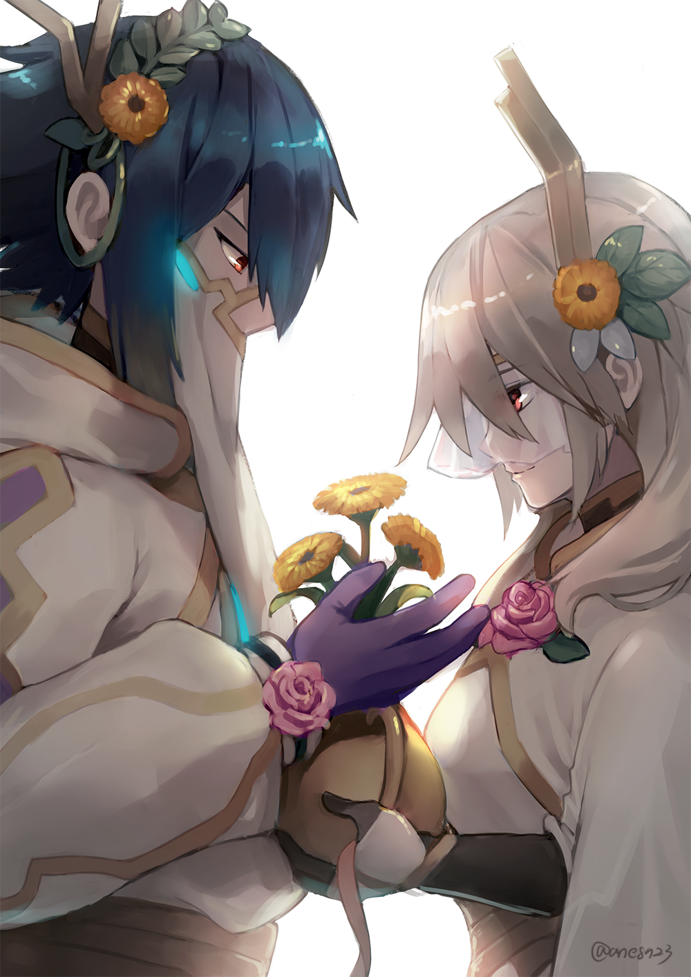 1boy, 1girl, ane-suisei, blue_hair, covered_mouth, fire_emblem, fire_emblem_heroes, flower