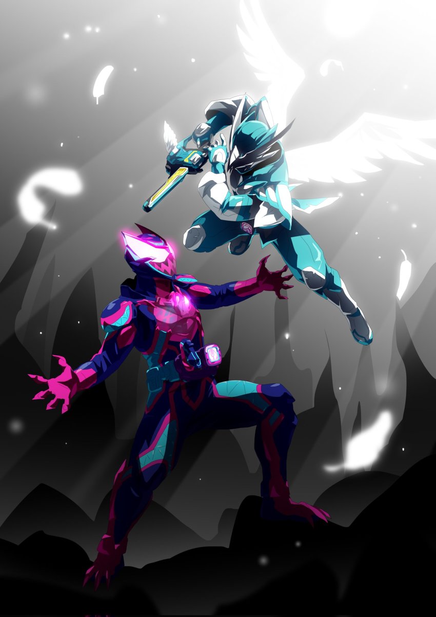 2boys, angel_and_devil, angel_wings, armor, battle, belt, blue_armor, blue_background