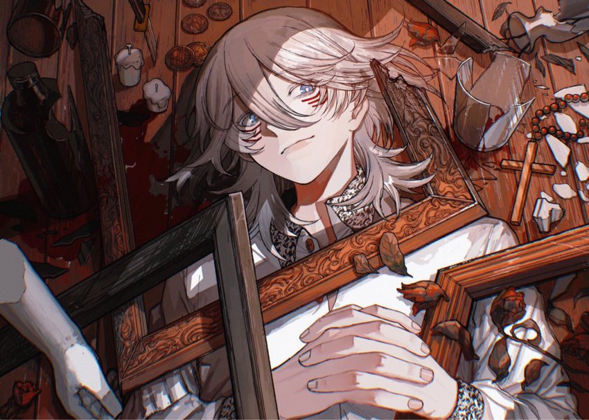 1boy, beads, blood, blue_eyes, bottle, bright_pupils, broken, broken_glass