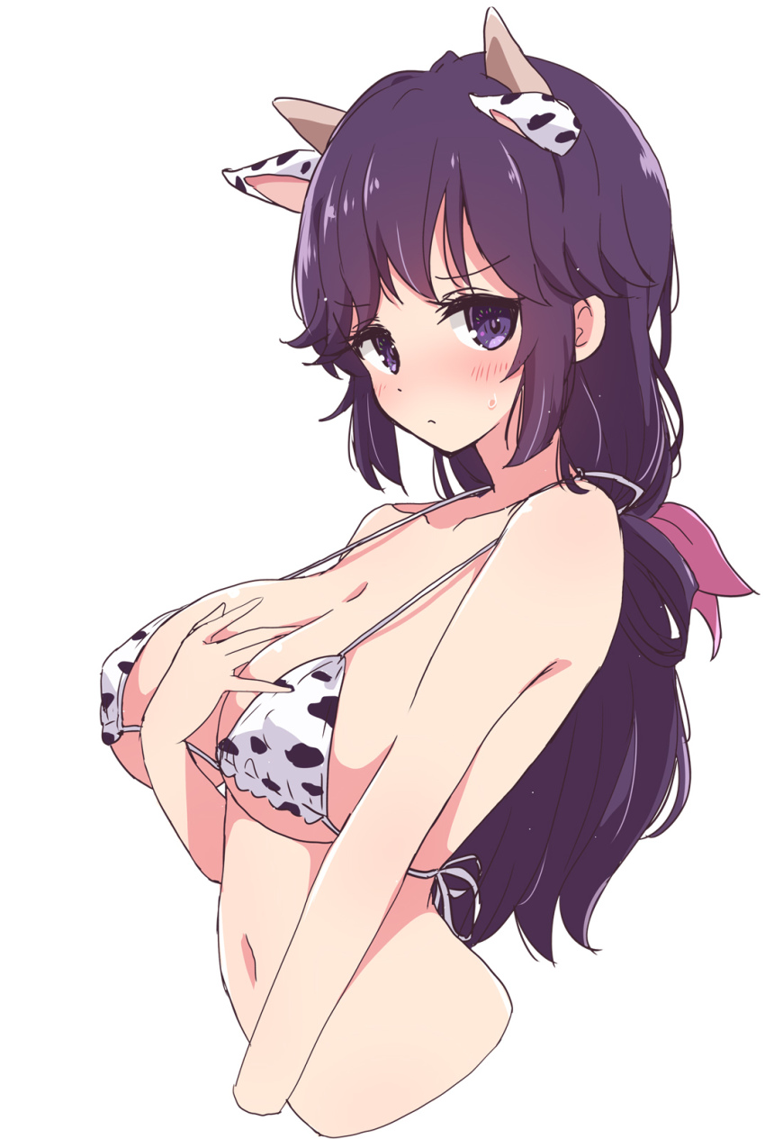 1girl, animal_ears, animal_print, bikini, bikini_top_only, blush, breasts, closed_mouth