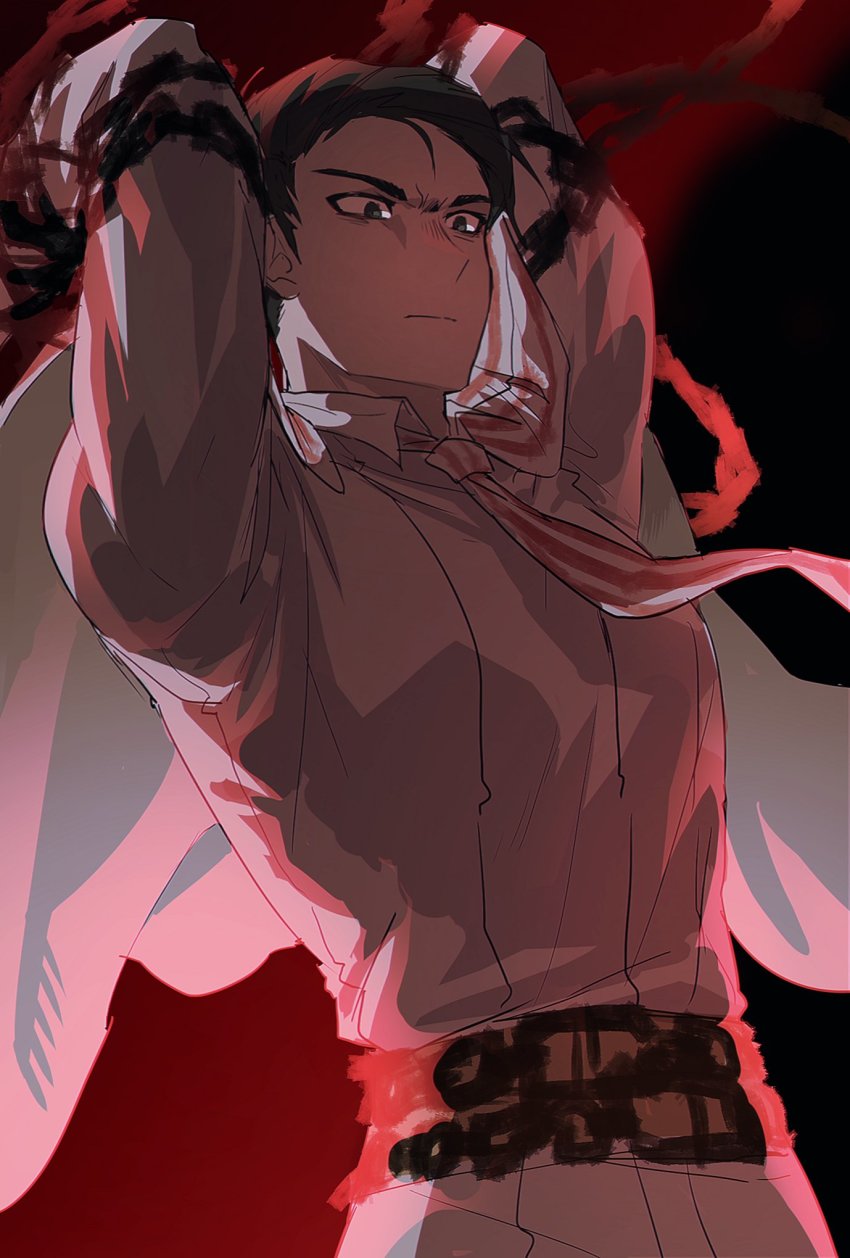 1boy, arms_up, black_eyes, black_hair, cape, chain, chained_wrists, chains_of_others_(e.g.o)