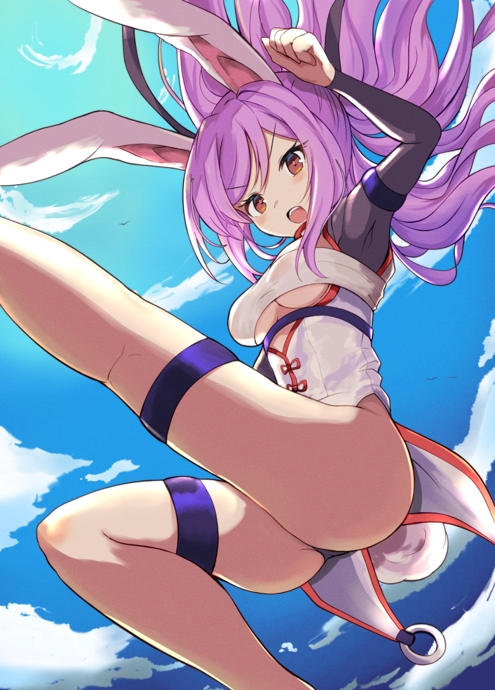 1girl, animal_ears, armpits, ass, black_panties, blue_sky, breasts, floating_hair