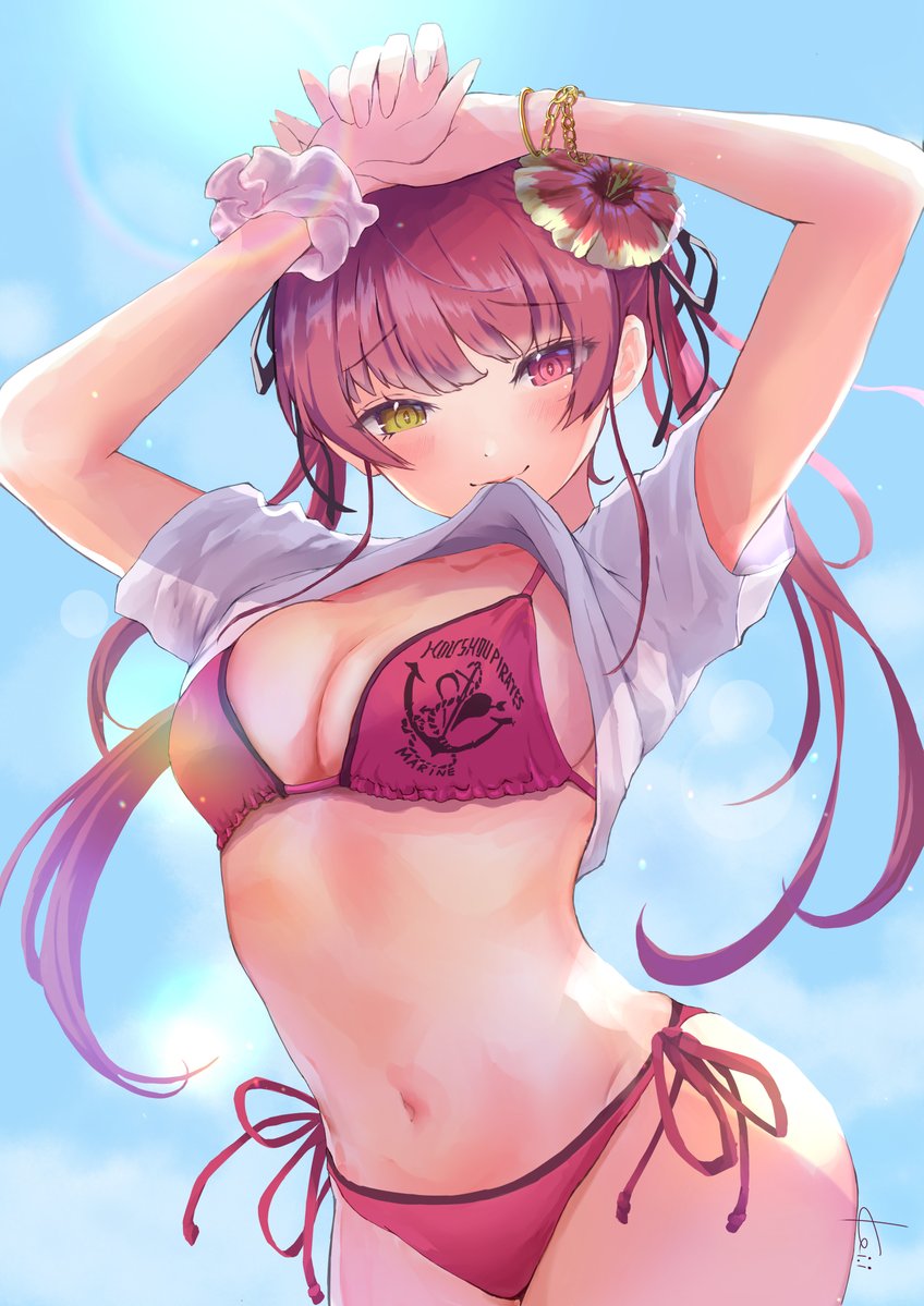 1girl, bikini, blush, breasts, cleavage, clothes_in_mouth, flower, hair_flower