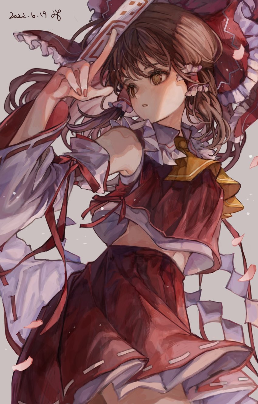 1girl, arm_ribbon, ascot, bad_id, bad_twitter_id, bare_shoulders, bow, brown_eyes