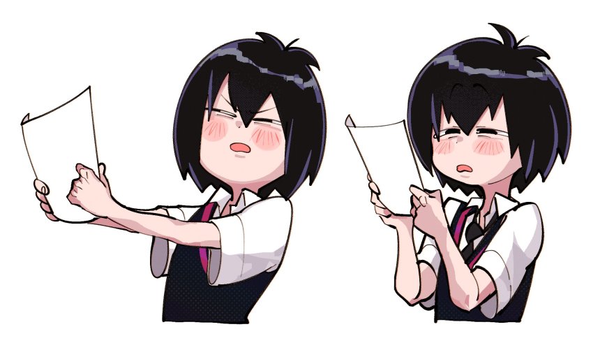 1girl, black_hair, black_necktie, black_vest, blush, blush_stickers, collared_shirt, cropped_torso, female_focus, highres, holding, holding_paper, marvel, meme, necktie, open_mouth, paper, peni_parker, reading, sequential, shakata_(syakatan), shirt, simple_background, solo, spider-man:_into_the_spider-verse, spider-man_(series), spider-verse, squinting, vest, white_background, white_shirt, winnie_the_pooh_reading_(meme)