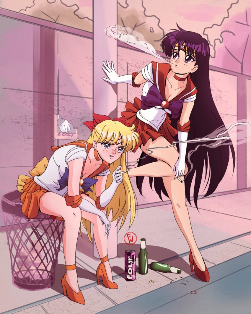 absurdres, aino_minako, beer_bottle, between_fingers, bishoujo_senshi_sailor_moon, blonde_hair, bow, breasts