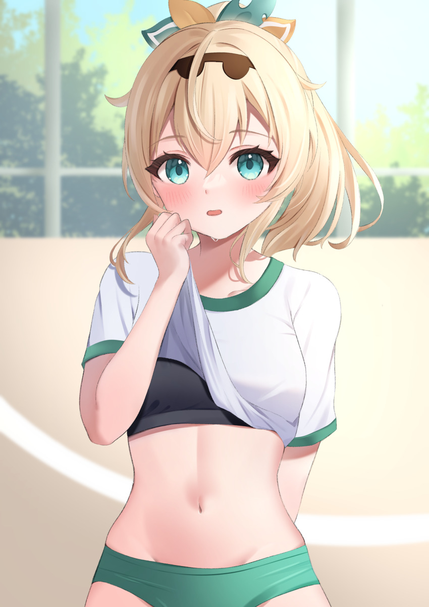 1girl, absurdres, arm_behind_back, black_sports_bra, blonde_hair, blush, buruma, clothes_lift