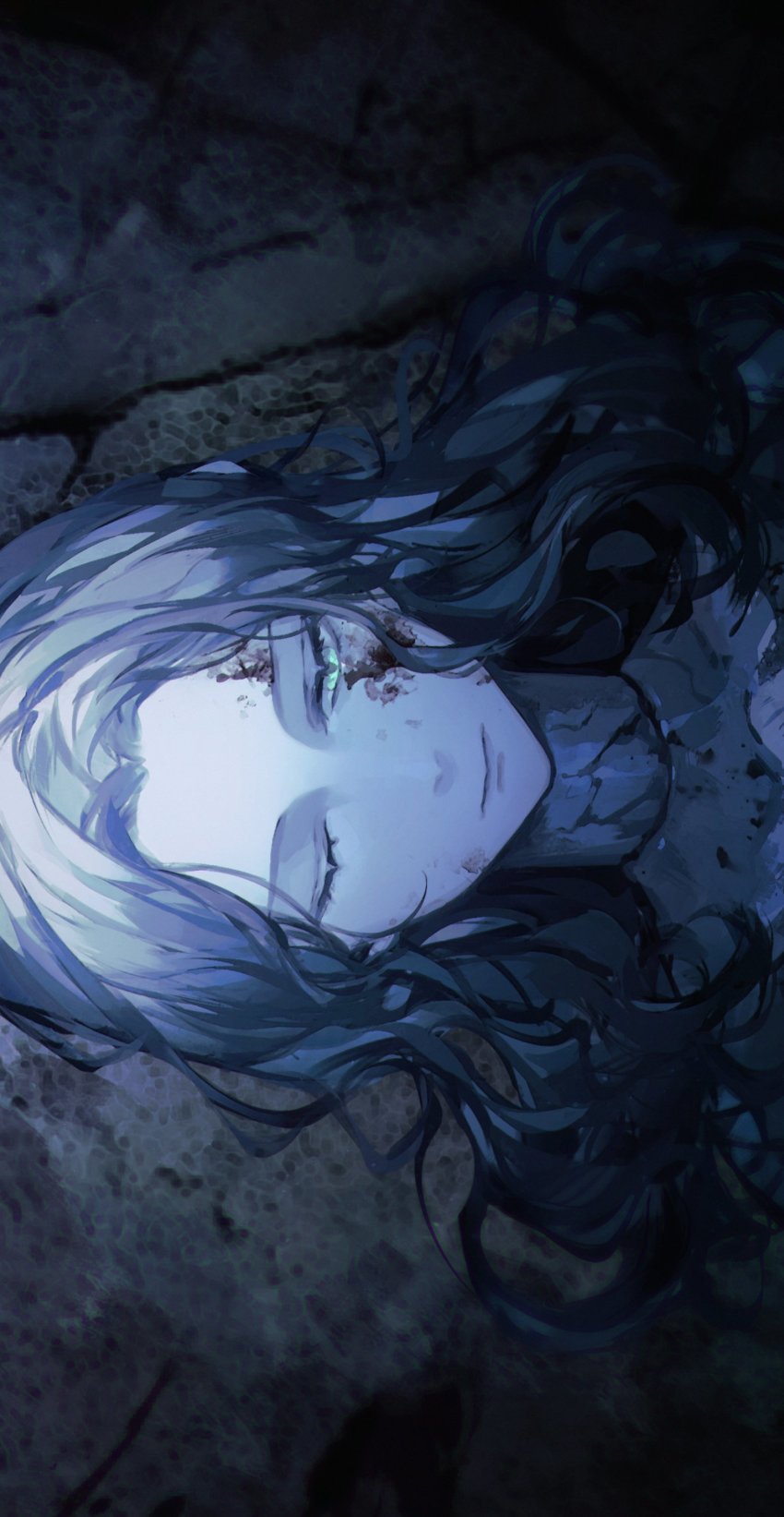 1girl, absurdres, amenohi, blood, blood_on_face, blue_eyes, blue_hair, blue_skin, colored_skin, commentary, cracked_skin, doll_joints, elden_ring, expressionless, half-closed_eyes, highres, joints, looking_down, lying, medium_hair, on_back, on_ground, one_eye_closed, portrait, ranni_the_witch, sideways, solo