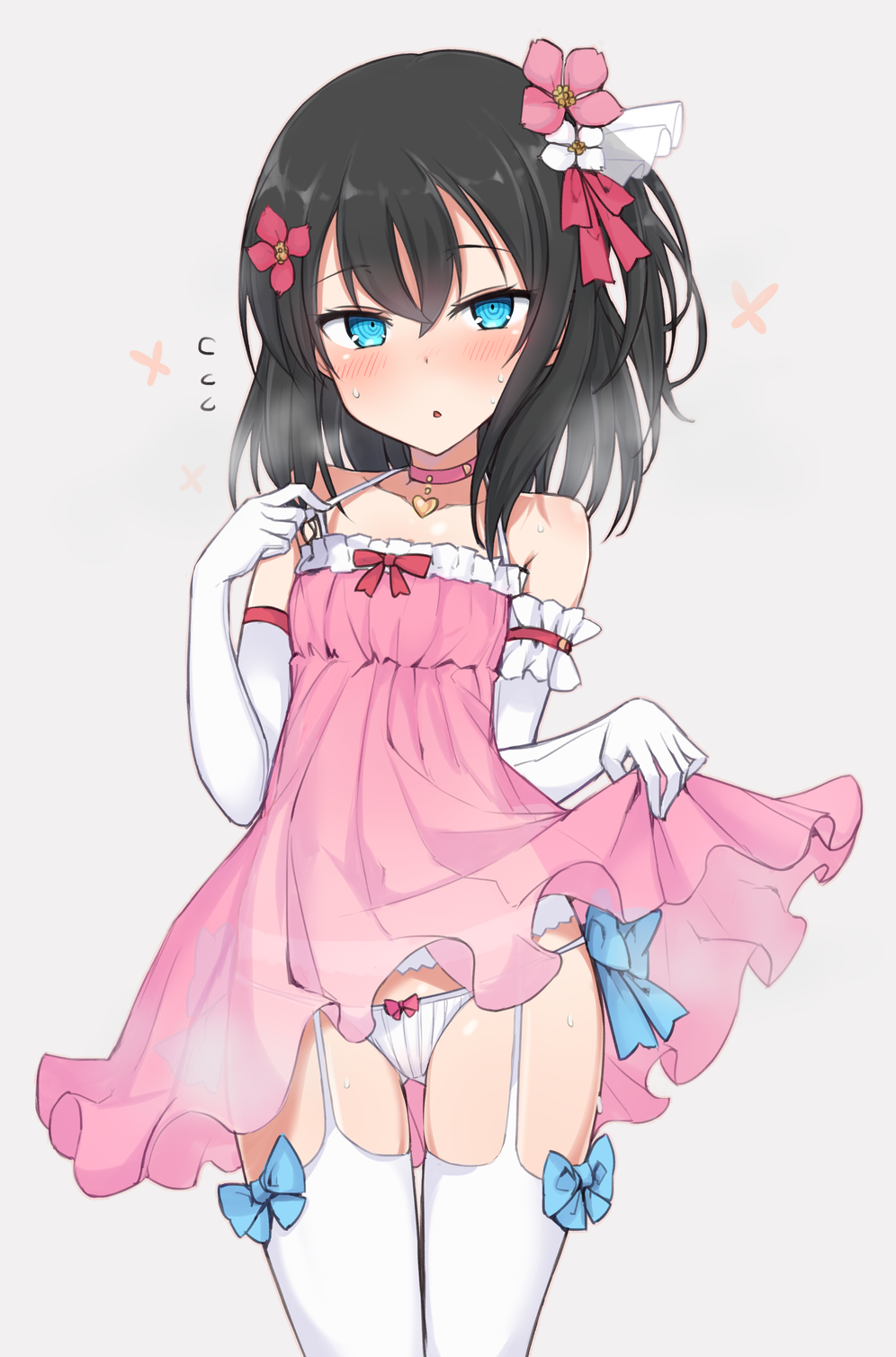 1girl, bare_shoulders, black_hair, blue_bow, blue_eyes, blush, bow, bow_panties