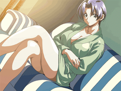 animated, animated_gif, bathrobe, blue_eyes, breasts, center_opening, cleavage, couch, green_(game), huge_breasts, large_breasts, crossed_legs, lowres, mature_female, purple_hair, screencap, short_hair, sitting, takahashi_kanako