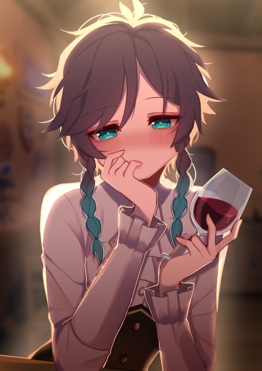 1boy, 5mi_gi, absurdres, alcohol, androgynous, bad_id, bad_twitter_id, black_hair, blush, braid, cup, drunk, eyebrows_hidden_by_hair, genshin_impact, glass, green_eyes, hair_between_eyes, highres, holding, holding_cup, indoors, looking_at_viewer, multicolored_hair, shirt, short_hair, solo, twintails, upper_body, venti_(genshin_impact), wine