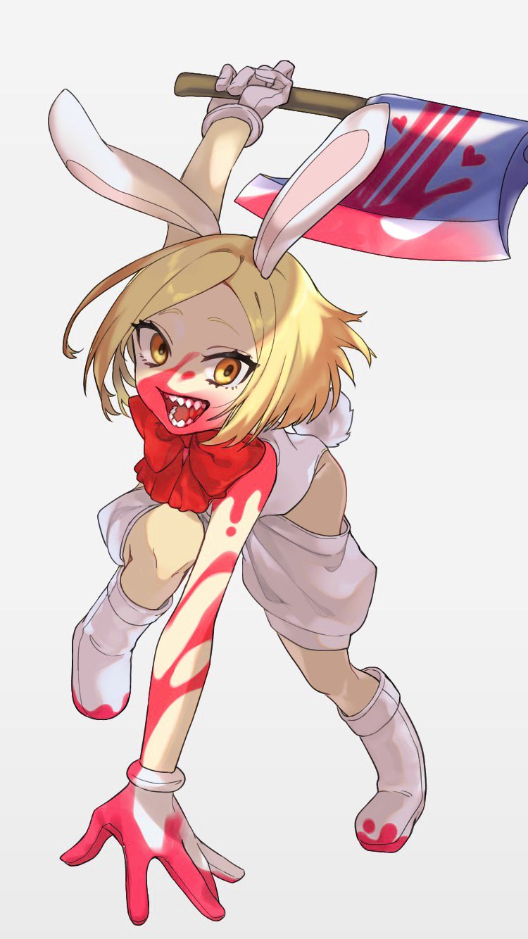 1girl, :d, animal_ears, axe, bakushi_(kaeritai0609), blonde_hair, blood, blood_on_face