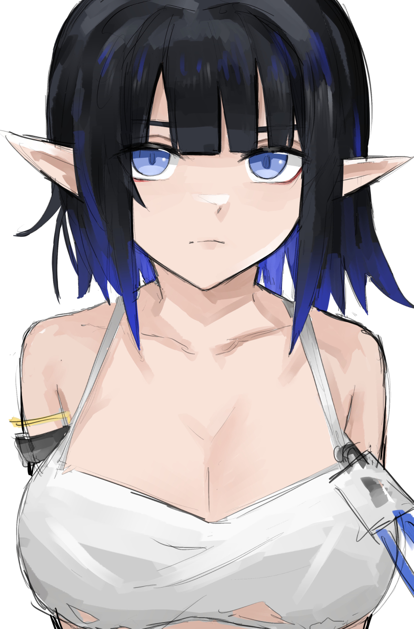 1girl, absurdres, arknights, bare_shoulders, black_hair, blue_eyes, blue_hair, blunt_bangs