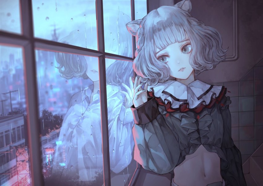 1girl, animal_ears, blunt_bangs, chino_(valis), cropped_shirt, different_reflection, fingernails, grey_eyes