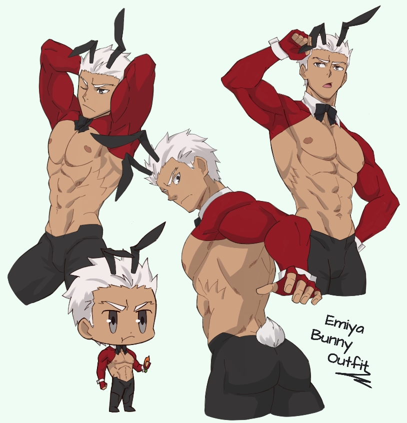 abs, animal_ears, archer_(fate), ass, ass_focus, bara, blue_eyes, bow